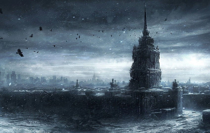 snow, Moscow, darkness, apocalypse, crows, MsU for , section фантастика, Winter Apocalypse HD wallpaper