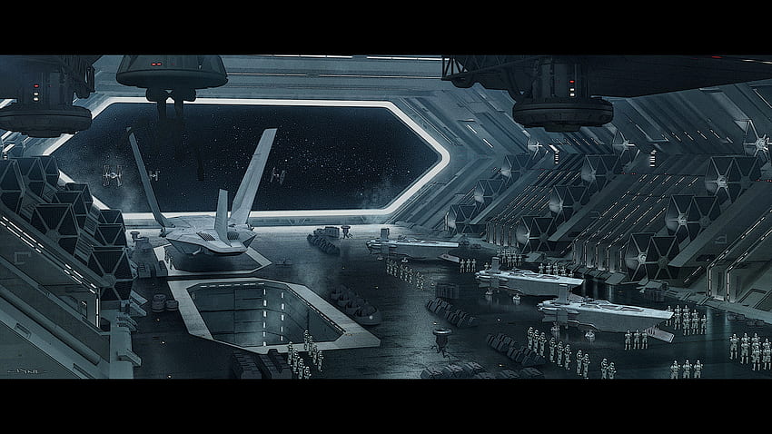 TIE Loading Wide - James Clyne conceived this look at the hangar of Hux and Ren's flagship Star Destroyer, Finalizer. Although the design of Ren's shuttle ... HD wallpaper