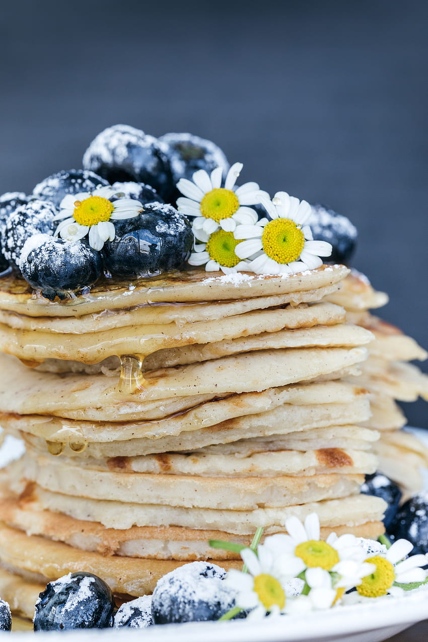 Food, Camomile, Desert, Bilberries, Pancakes, Honey, Powdered Sugar HD phone wallpaper