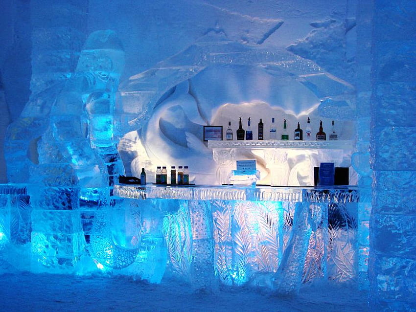 Blue Bar Ice Hotel'de, şişeler, soğuk, bar, içecekler, buz HD duvar kağıdı