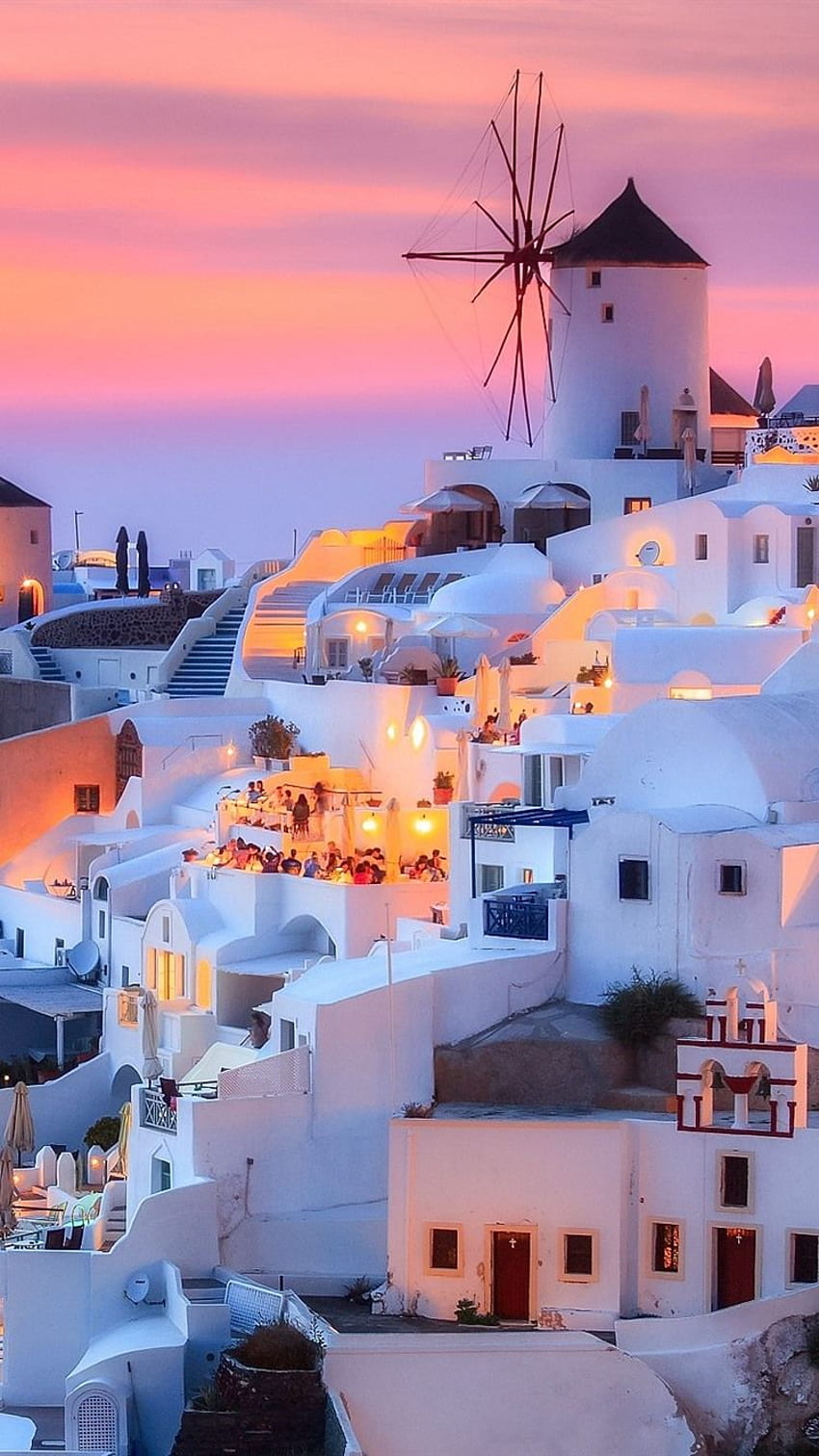 ギリシャ、サントリーニ島、島、夕暮れ、家、ライト、サントリーニ島ギリシャ HD電話の壁紙