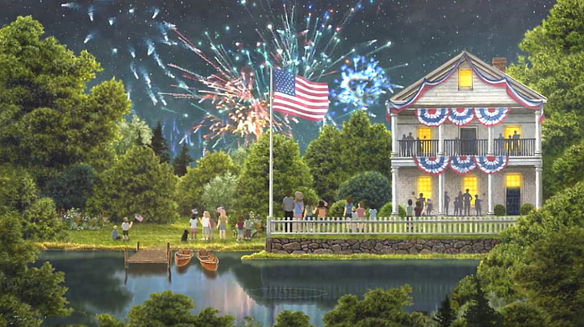 愛国者の日、7 月 4 日、夜、ボート、カラフル、愛国者の日、平和、美しい、人々、旗、7 月、アメリカ、ホワイトハウス、ジュビリー、花火 高画質の壁紙