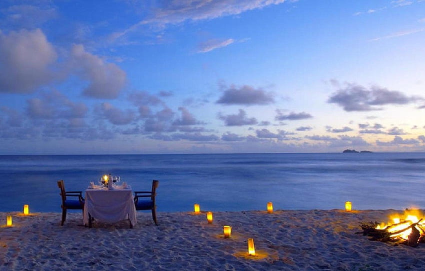 плаж, океан, романтика, свещи, огънят, плаж, романтика, вечеря, вечеря за , раздел настроения HD тапет