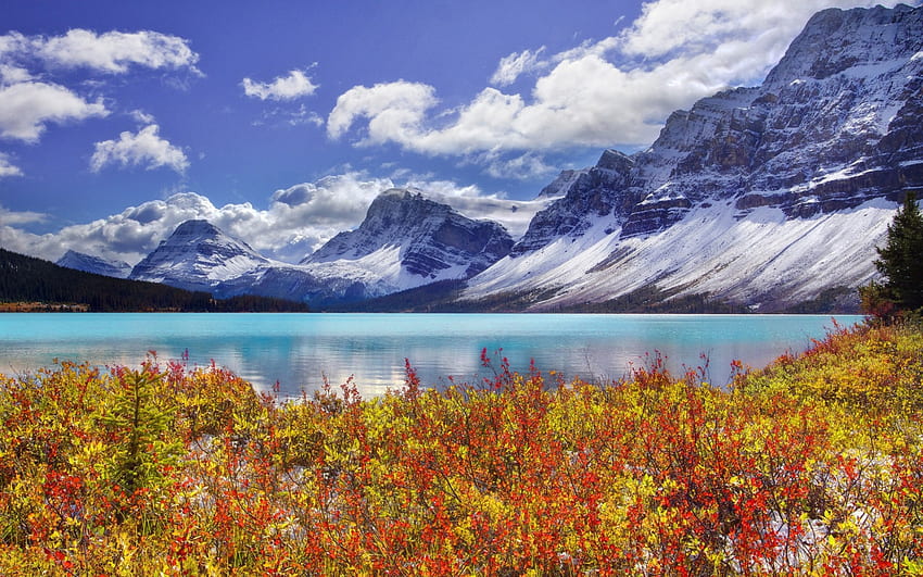 バンフ国立公園、カナダ、植物、雪、雲、山、湖 高画質の壁紙