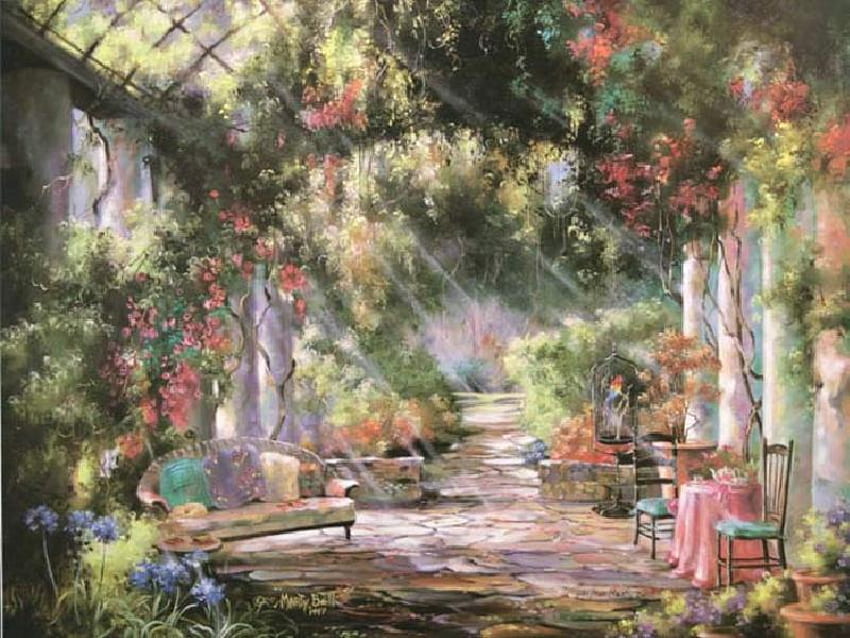 Rodeado de Belleza, veranda de jardín, mesas, columnas, jaula, sillas, enredaderas, flores, iluminado por el sol, almohadas, follaje, loro fondo de pantalla