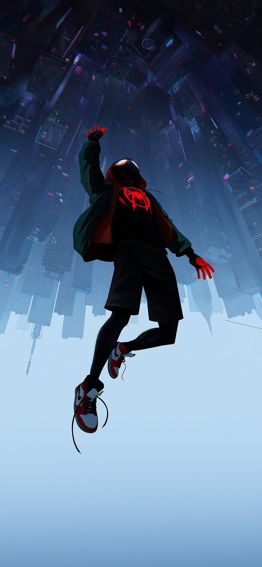 Spider Man: Into The Spider Verse, обърнат с главата надолу градски пейзаж, небостъргачи, анимация, произведения на изкуството за IPhone 11 Pro Max & XS Max, Спайдърмен с главата надолу HD тапет за телефон