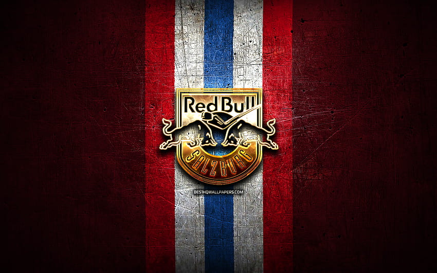 EC Red Bull Salzburg, златно лого, ICE Hockey League, червен метален фон, австрийски отбор по хокей, лого на EC Red Bull Salzburg, хокей HD тапет