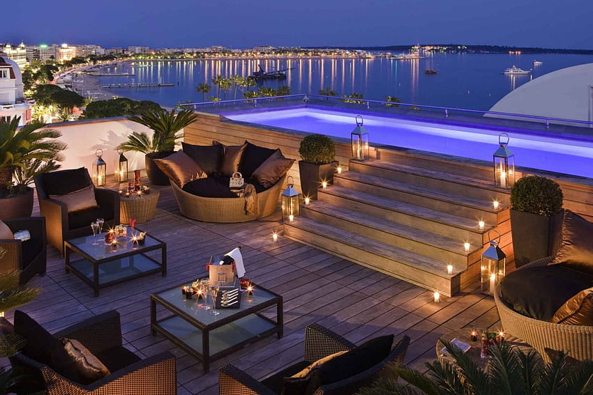 fantastic hotel suite terrace in cannes, sea, city, hotel, terrace, evening HD wallpaper