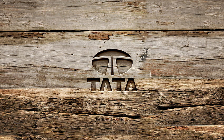Tata дървено лого, , дървени фонове, марки автомобили, лого на Tata, творчески, дърворезба, Tata HD тапет