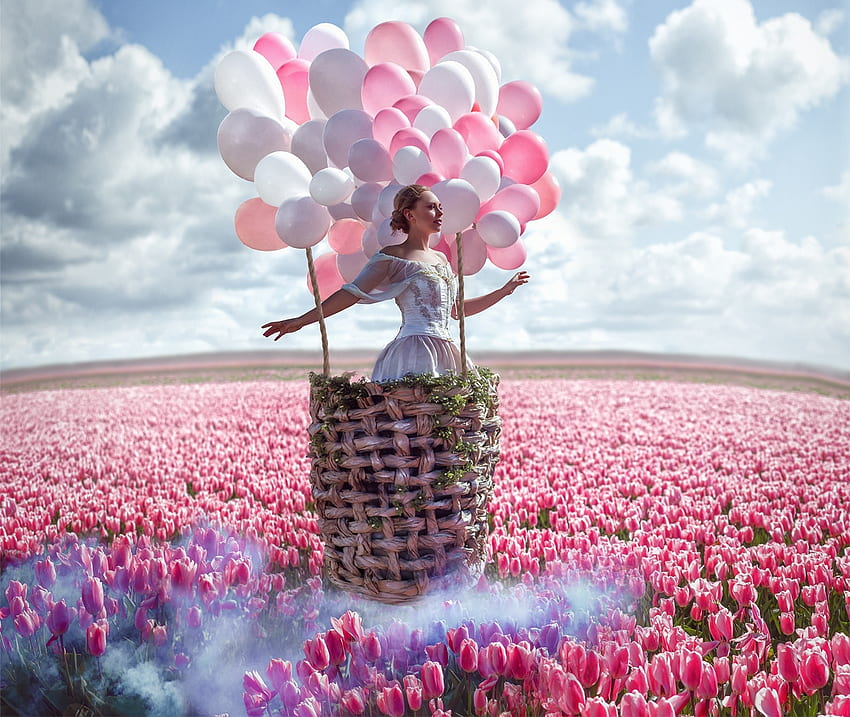 Frühling, Modell, Mädchen, Tulpen, Chervona Vorona, Frau, Rosa, Feld, Blume, Ballon, Himmel, Wolke HD-Hintergrundbild