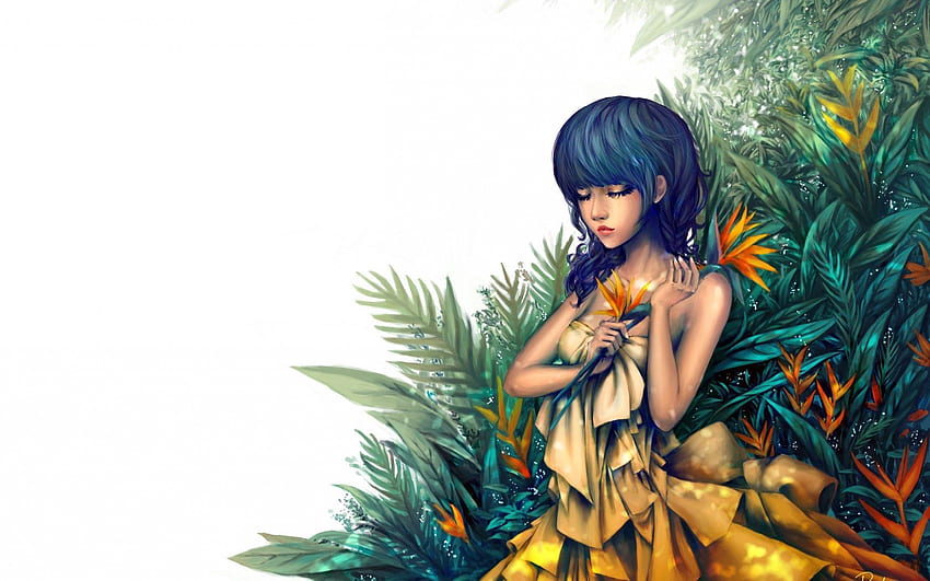 Pflanzen, Kunst, Mädchen, Gemälde, Gesicht, geschlossene Augen, gelbes Kleid HD-Hintergrundbild