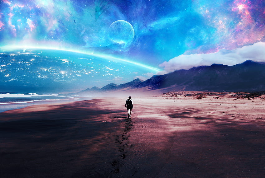 Fantasía, playa, caminar solo, obras de arte de ciencia ficción. fondo de pantalla
