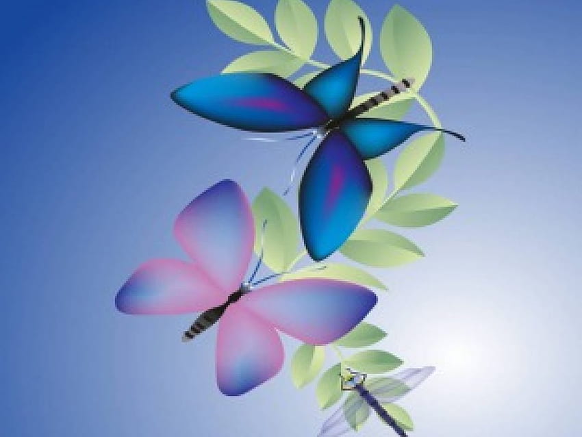 Butterfly blues, blue, butterflies, dragonfly, leaves HD wallpaper