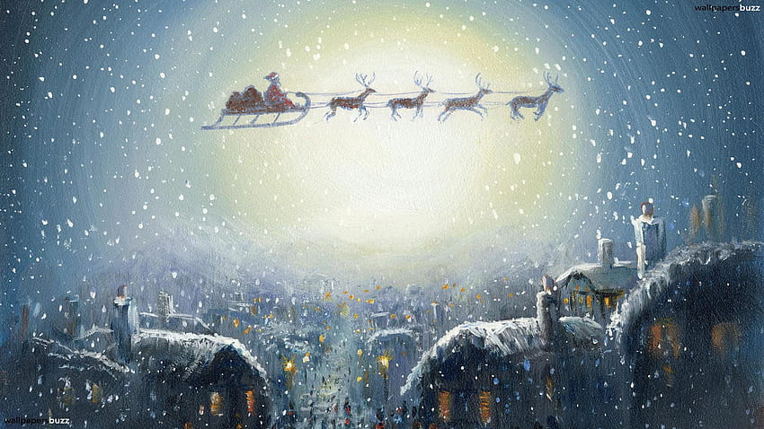 Santa on his sleigh with reindeer HD wallpaper