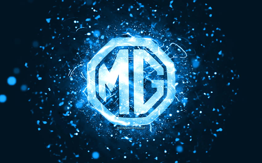 Niebieskie logo MG, niebieskie neony, kreatywne, niebieskie abstrakcyjne tło, logo MG, marki samochodów, MG Tapeta HD
