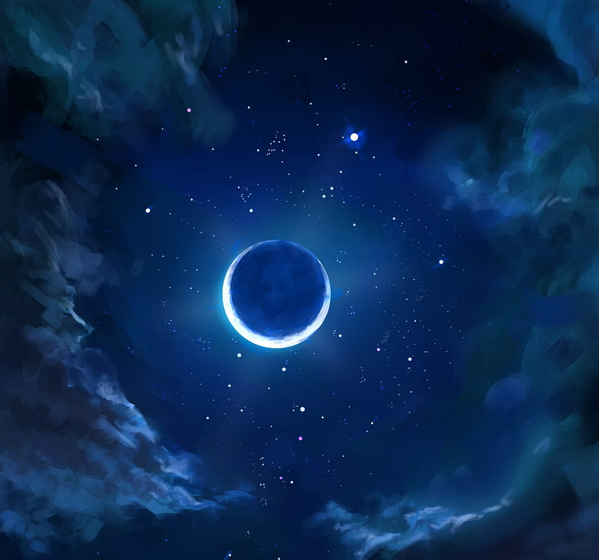 Eclipse, blue, moon, fantasy, art, ameera sheikh, luna, sky HD wallpaper