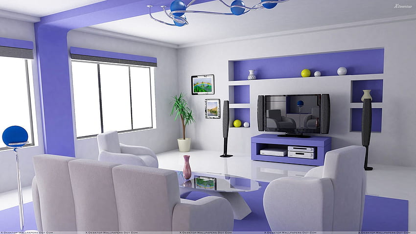 Interior branco e azul na sala de home theater papel de parede HD