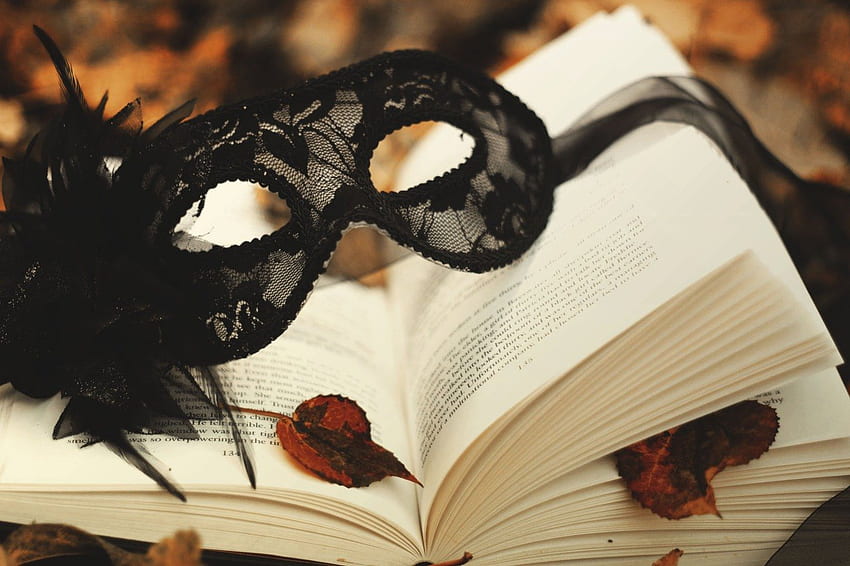 Caída, naturaleza muerta, libro, hojas, máscara, grafía, otoño fondo de pantalla