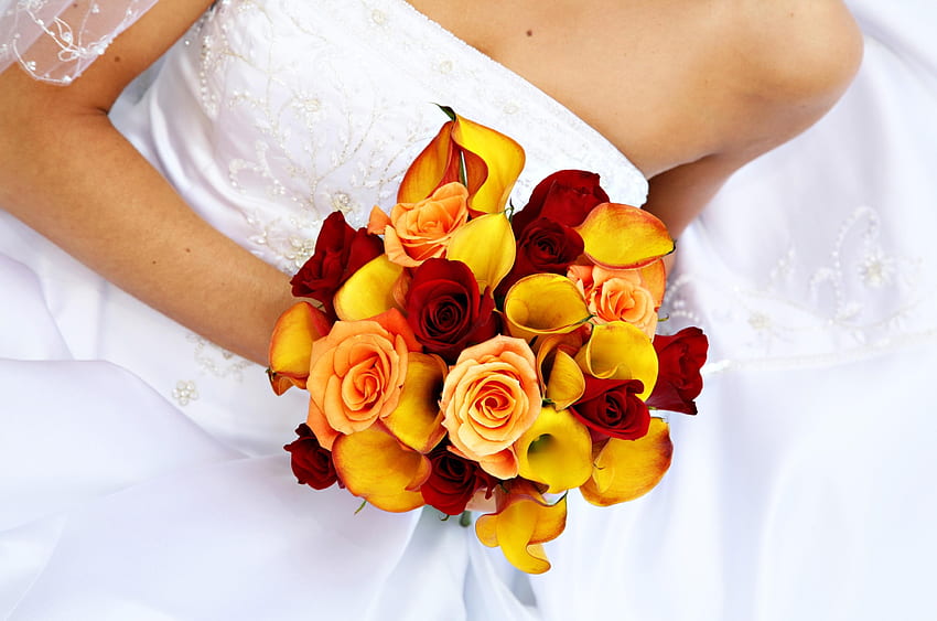 Flowers, Roses, Calla, Callas, Dress, Bride, Bridal Bouquet, Wedding Bouquet HD wallpaper