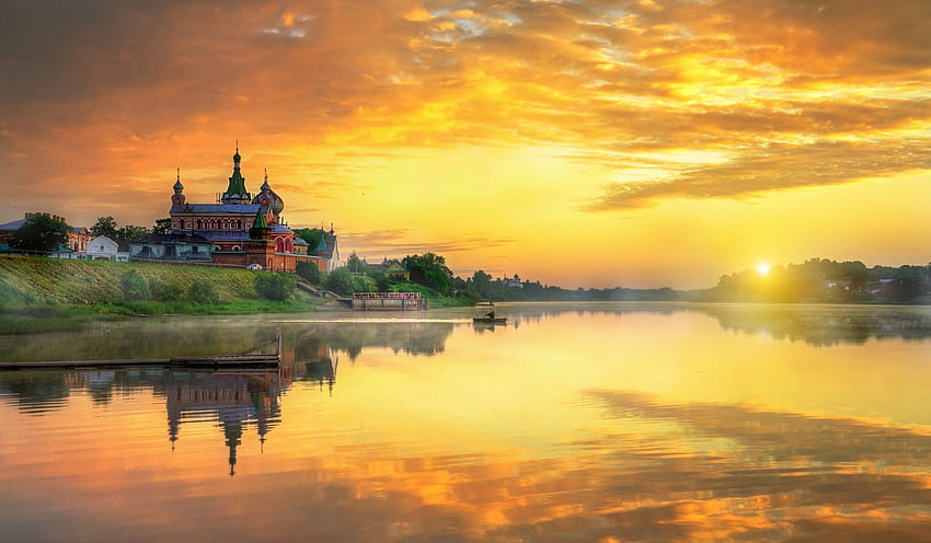 Ladoga Tua, Rusia, indah, damai, bangunan tua, Kemegahan, kuning, indah, Danau, matahari terbenam, Rusia Wallpaper HD