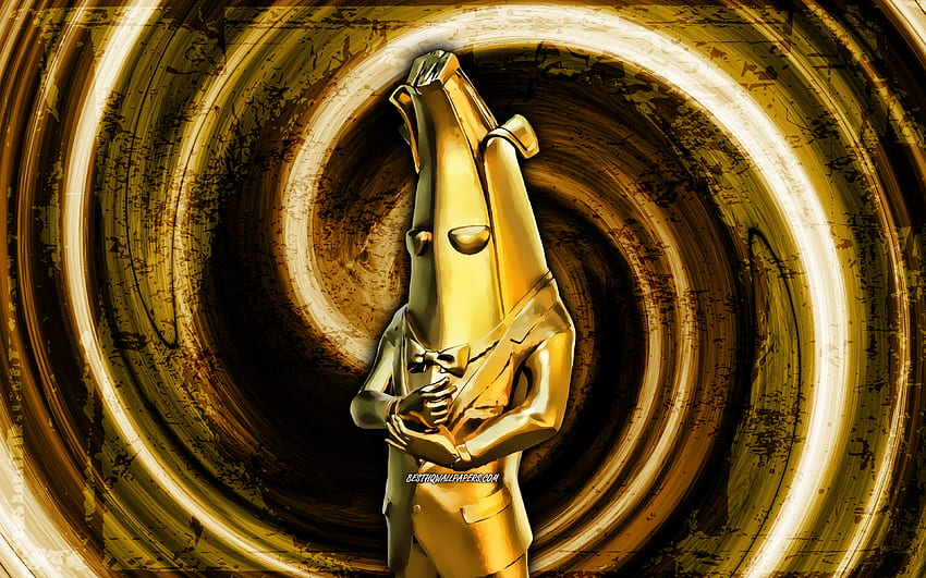Goldagent Peely, gelber Grunge-Hintergrund, Fortnite, Vortex, Fortnite-Charaktere, Goldagent Peely Skin, Fortnite Battle Royale, Goldagent Peely Fortnite HD-Hintergrundbild