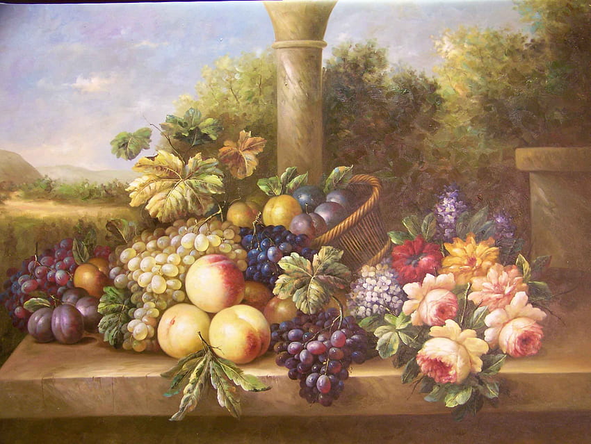 Floral fruité, table, pivoines, raisins, lilas, prunes, arrière-plan, feuilles, champ, pêches, arbres, fleurs, paniers Fond d'écran HD