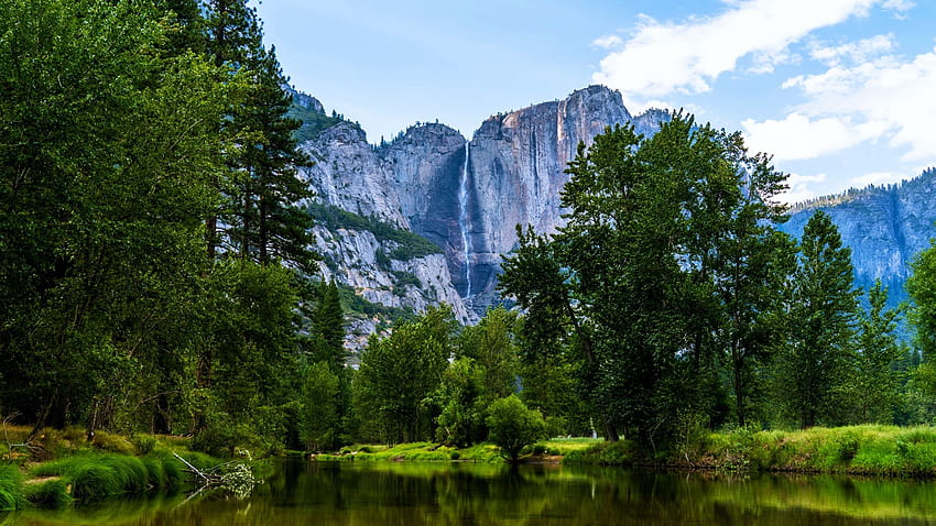Yosemite Falls, california, clouds, trees, sky, mountains, usa HD wallpaper