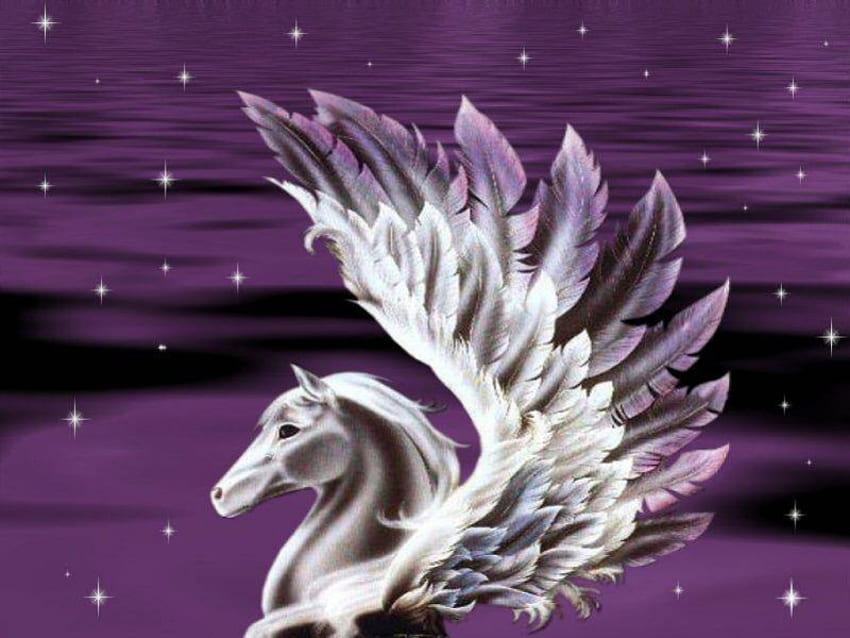 Mor Pegasus, mor, uçan, gökyüzü, pegasus HD duvar kağıdı