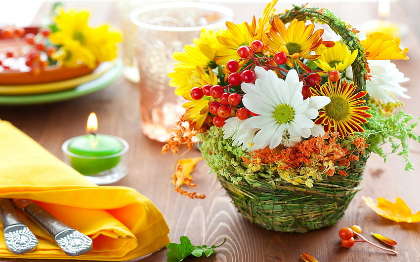 Colourful flowers, basket, flowers, green, yellow HD wallpaper