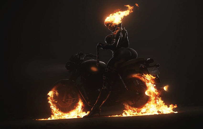 Minimalism, Skull, Fire, Chain, Motorcycle, Background, Ghost Rider, Ghost rider, Flame, Art, Ghost, Figure, Illustration, Characters, Hell, by Dmitry Petuhov for , section фантастика HD wallpaper