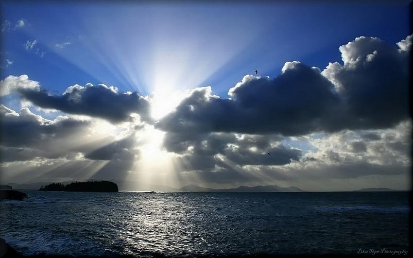mükemmel, mavi, güneş ışığı, bulutlar, gökyüzü, su, okyanus HD duvar kağıdı