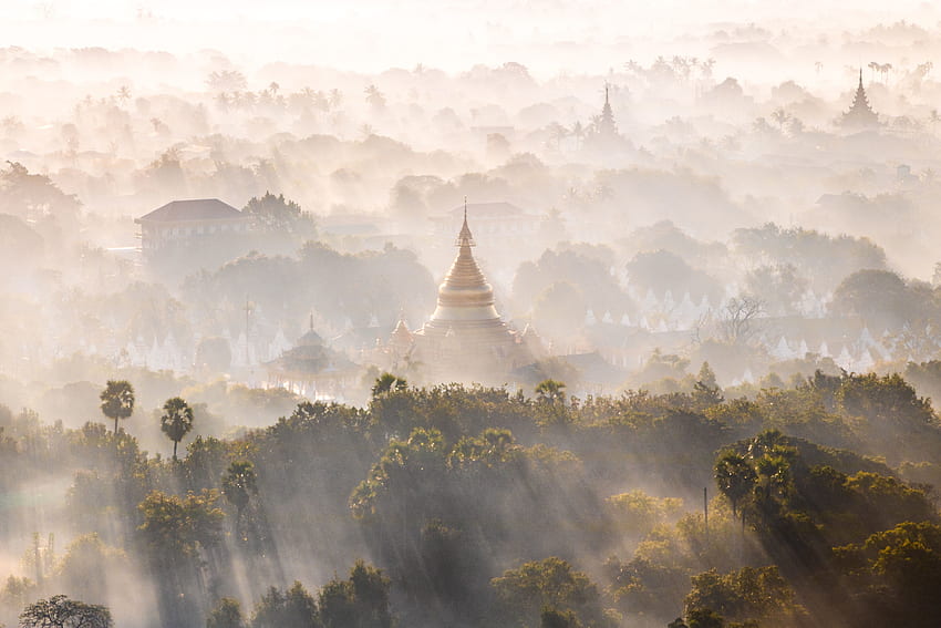 Mandalay, horizon, tree, sunrise, dawn, nature, fog HD wallpaper