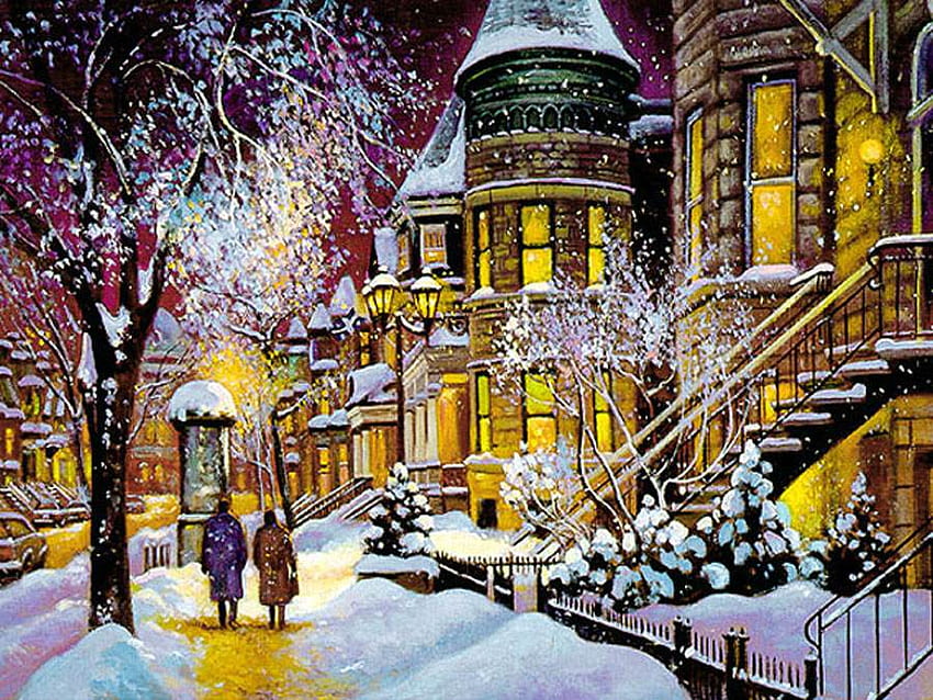 Andris Leimanis. At night in Montreal, winter, painting, andris leimanis, art, snow HD wallpaper