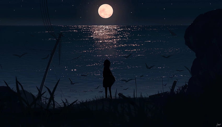 Sombre, paysage marin, clair de lune, art Fond d'écran HD