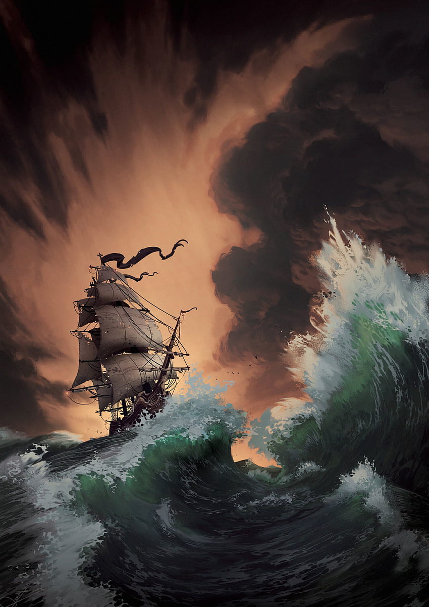 船, アート, 海, 波, 嵐 HD電話の壁紙