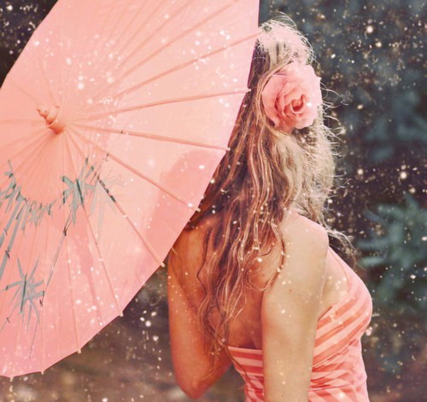 Spring shower, umbrella, pink, blond, shower, floral, trees, spring, woman HD wallpaper