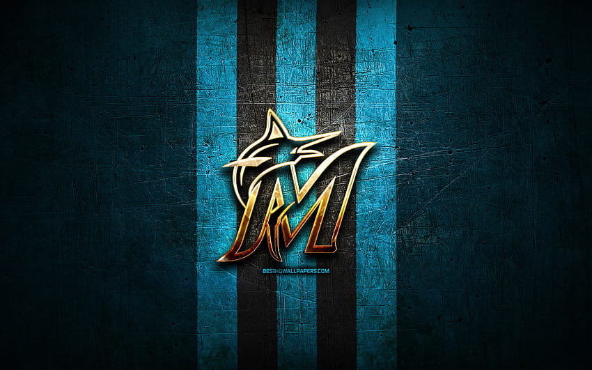 Emblème des Marlins de Miami, MLB, emblème doré, fond en métal bleu, équipe de baseball américaine, Major League Baseball, baseball, Miami Marlins Fond d'écran HD