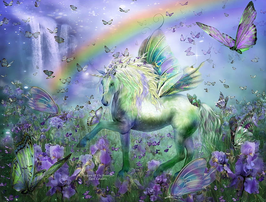 Приказен кон, кон, фантазия, изкуство, зелено, кал, крила, синьо, карол каваларис, фея, дъга HD тапет