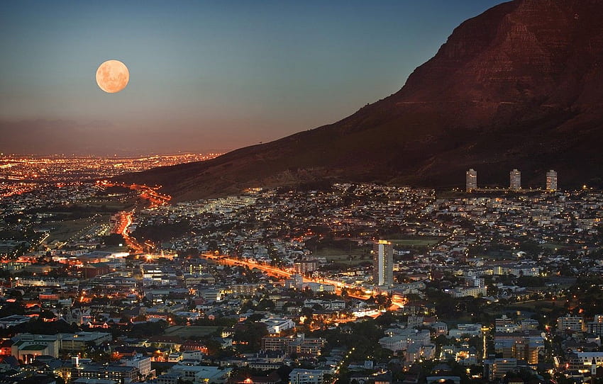 le ciel, la lumière, les lumières, la lune, la vue, la hauteur, la montagne, la maison, les gratte-ciel, le panorama, le crépuscule, la mégapole, l'Afrique du Sud, Le Cap, Le Cap, RSA pour , section город Fond d'écran HD