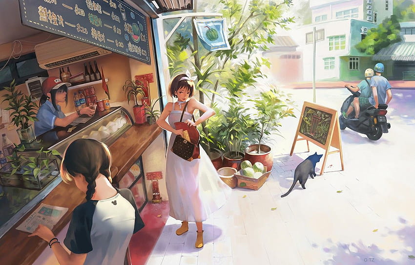 calle, anime, arte, días de semana, tienda, cafetería, Taejune Kim, Un día cálido para, sección арт fondo de pantalla