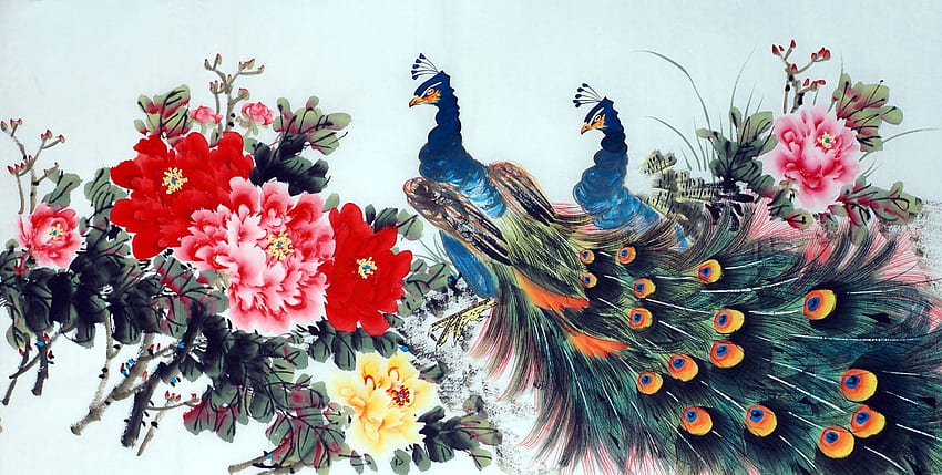Peacocks, paun, art, bird, flower, pictura, peacock, chinese, pasari, peony HD wallpaper