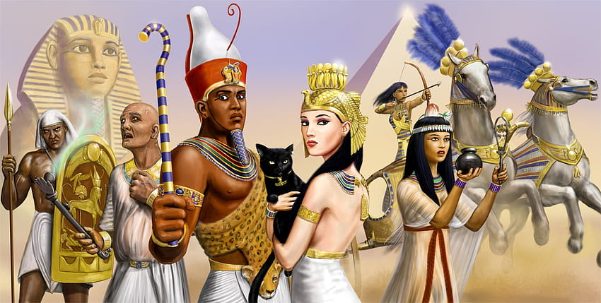 art girls man egypt pharaoh priest warrior sphinx pyramid horses chariot cat HD wallpaper