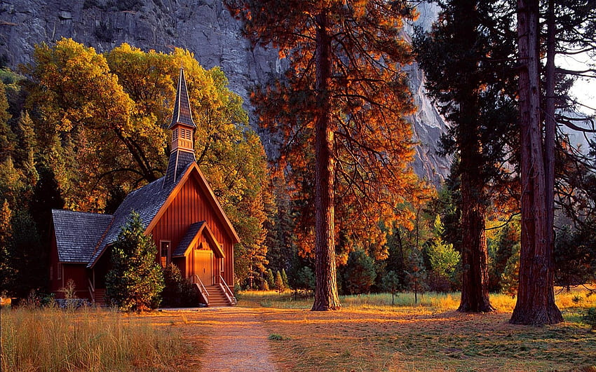 Yosemite Valley Chapel Park, หุบเขา, ป่า, โบสถ์, สวนสาธารณะ, โยเซมิตี วอลล์เปเปอร์ HD