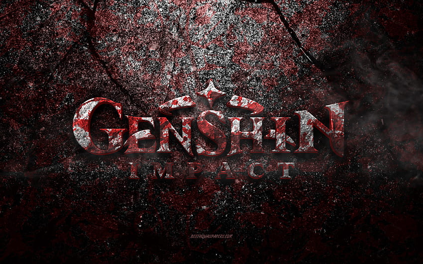 Genshin Impact logosu, grunge sanat, Genshin Impact taş logosu, kırmızı taş dokusu, Genshin Impact, grunge taş dokusu, Genshin Impact amblemi, Genshin Impact 3d logosu HD duvar kağıdı