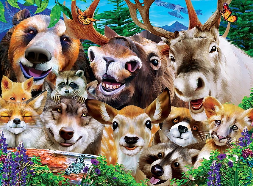 Woodland wackiness, niedźwiedź, jeleń, selfie, szop, zabawny, lis, wilk, zwierzę, uśmiech, fantazja Tapeta HD