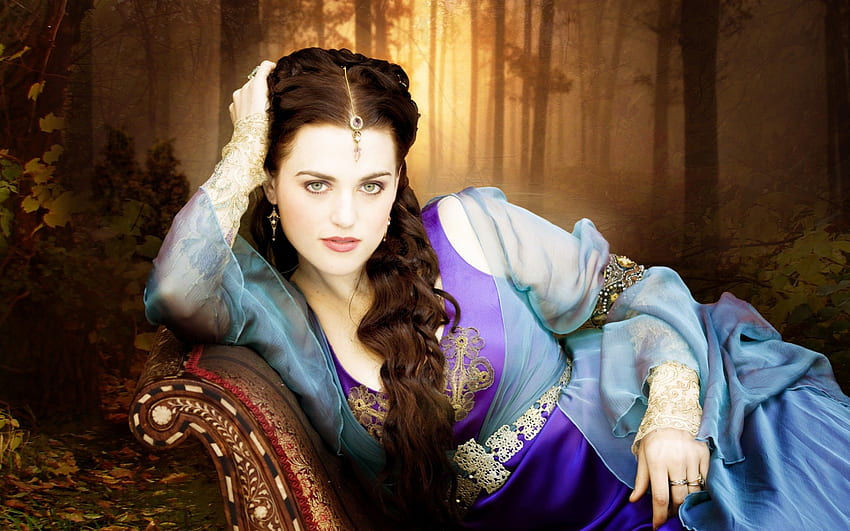 Katie McGrath, feiticeira, aventuras de Merlin, morena, menina, atriz, mulher, bruxa, séries de TV, fantasia, filme, Morgana, vestido azul papel de parede HD