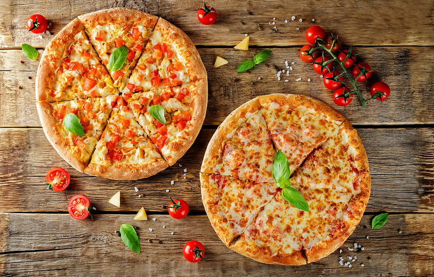 food, cheese, tomatoes, wood, Parmesan, Basil, pizza for , section еда, Food Pizza HD wallpaper