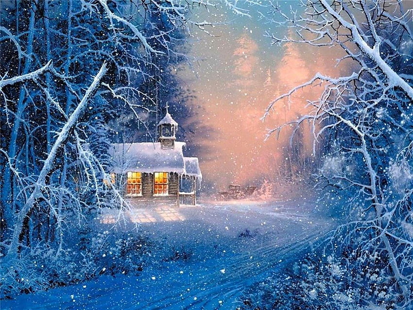 Winter melody, blue, winter, colorful, beautiful, church, snowfall, lights,  christmas, nature, splendor, forest HD wallpaper | Pxfuel