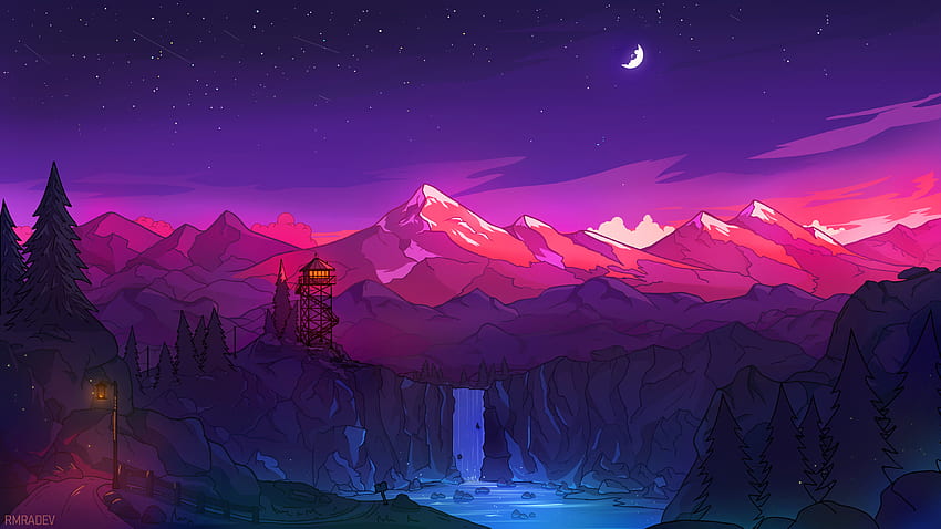 Artistic Landscape View Of Mountains Trees Lights Purple Starry Sky Moon Minimalism Minimalism HD wallpaper