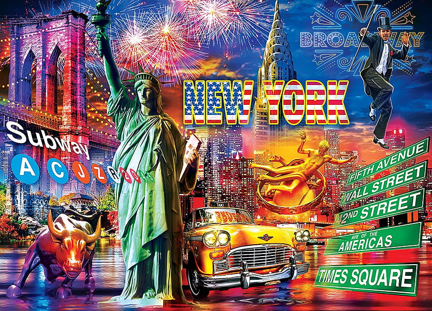 Greetings from New York City, fireworks, digital, art, flag, liberty, statue HD wallpaper